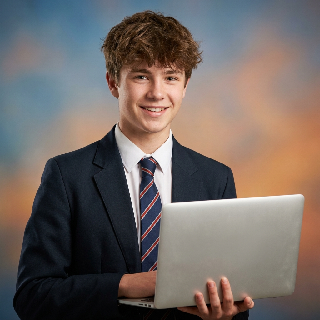 A student smiling while working on a laptop